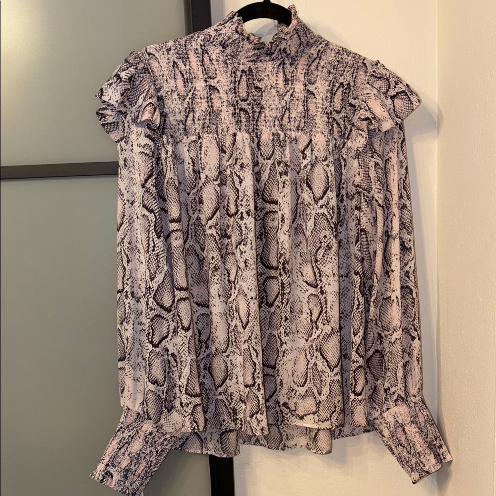 moodie Snake-Print Ruffle Mock-Neck Blouse - Pink & Black